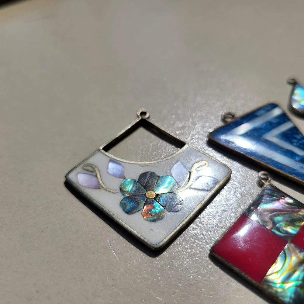 Vintage Alpaca Mexico Shell Inlay Assorted Pendant Lot Geometric Floral